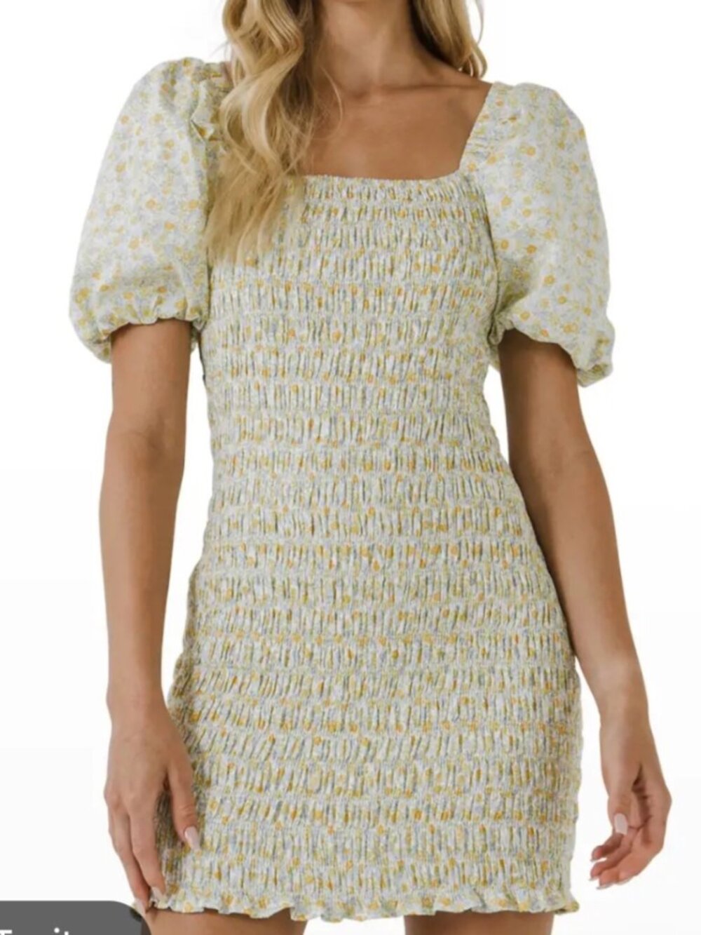 English Factory Women's M Yellow Floral Cotton Smocked Puff Sleeve Mini Dress